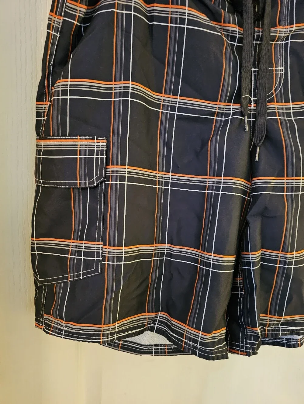 OP Men's Black Plaid Swim Board Shorts with Orange & White Lines